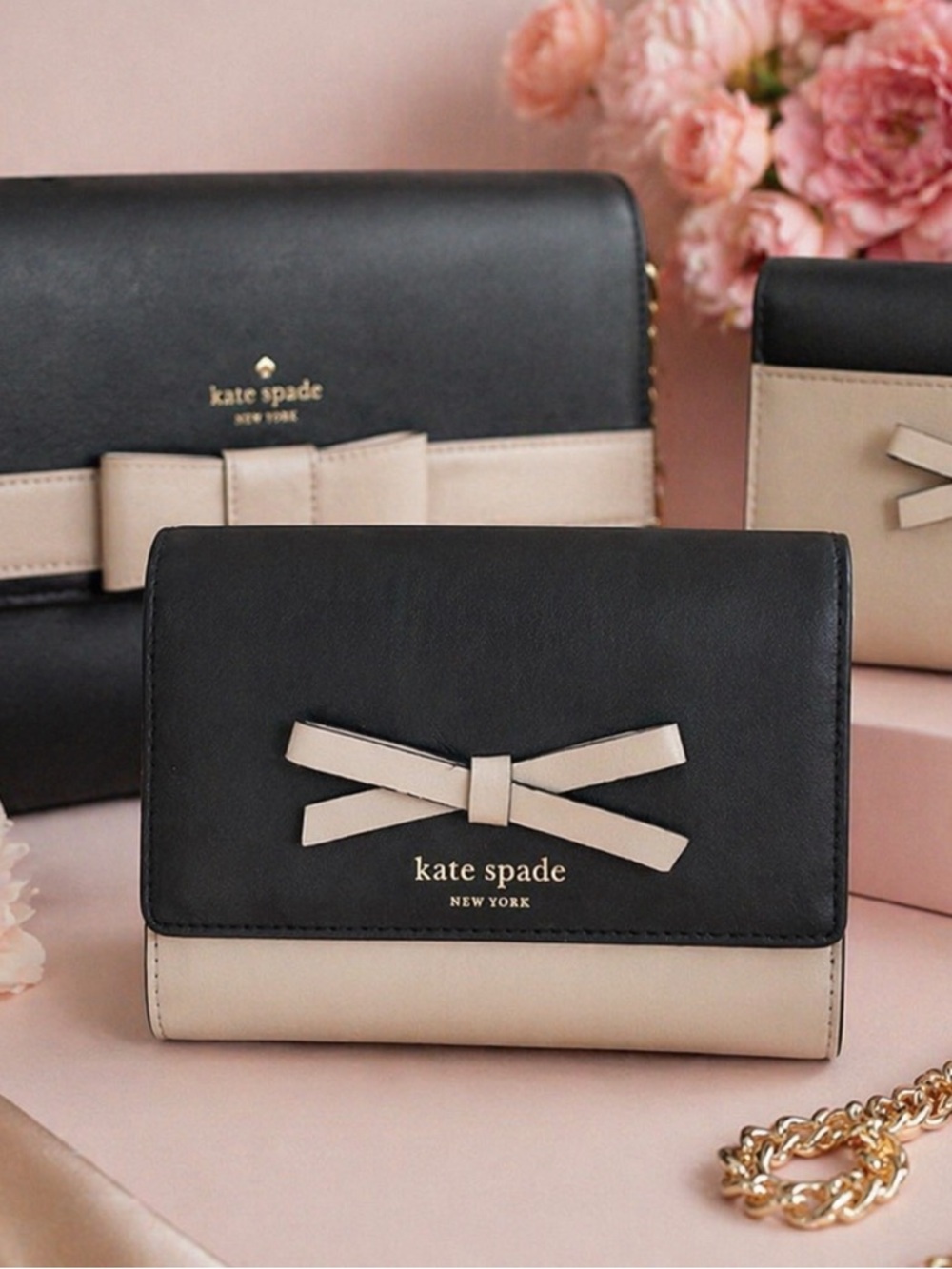 Kate Spade Sawyer Street Callie  Black & Beige Trifold Bow Wallet -‎ Clutch